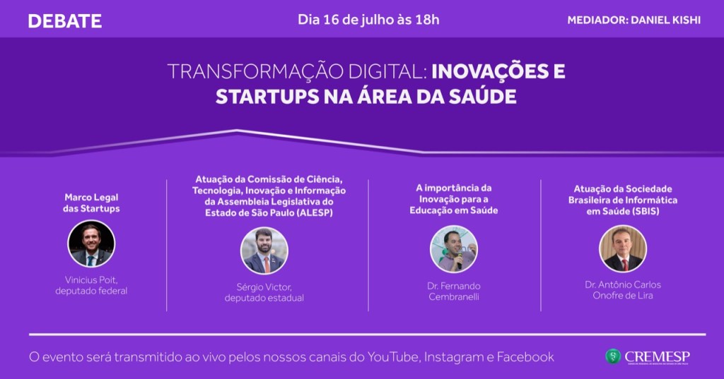 Cremesp promove debate “Transformação digital: Inovações e Startups na área da Saúde” (16/07,6f,18:00)