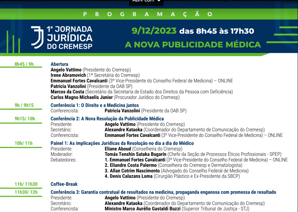 ✨AO VIVO✨1 Jornada Jurídica CREMESP (9/12,8:45-17:30,DIGITAL)
