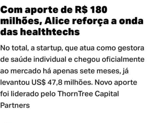 Parabéns TIME Alice, pelo Maior Aporte já recebido por uma HealthTech Brasileira (USD 33&nbsp;Milhões)!